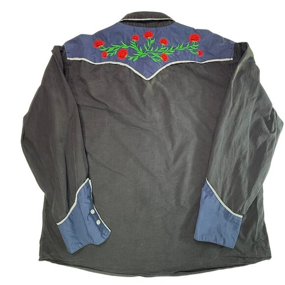 Coofandy Western Cowboy Shirt Black Blue Rose Embroidered Long Sleeve XX Large - Picture 4 of 16